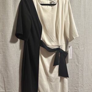 London Times Black and White Colorblock Tie-Waist Midi Dress